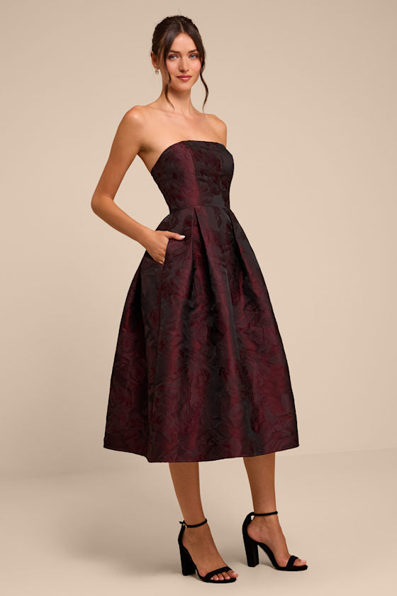 Laurelin Burgundy Floral Jacquard Strapless Midi Dress