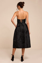 Laurelin Black Floral Jacquard Strapless Midi Dress