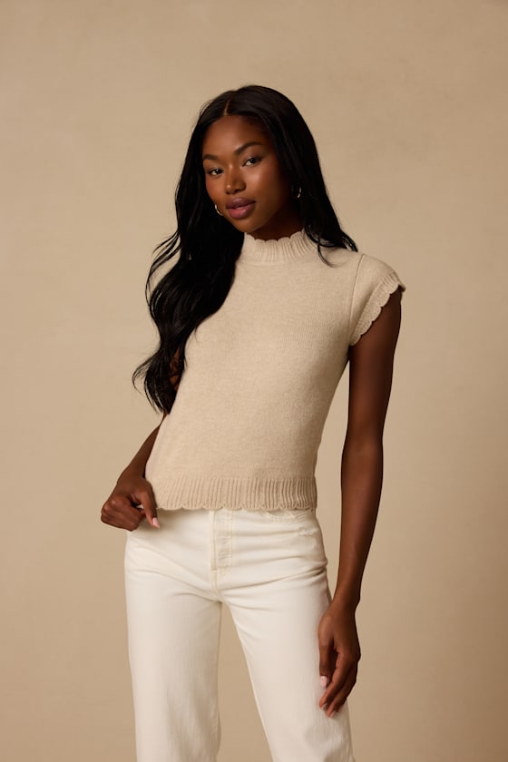 Tilda Beige Cap Sleeve Scalloped Sweater Top