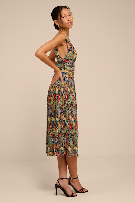 Kelina Black Multi Floral Pleated Drop Waist Midi Dress