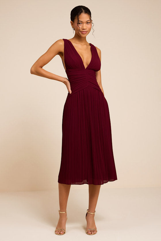 Kelina Burgundy Pleated Drop Waist Midi Dress
