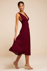 Kelina Burgundy Pleated Drop Waist Midi Dress