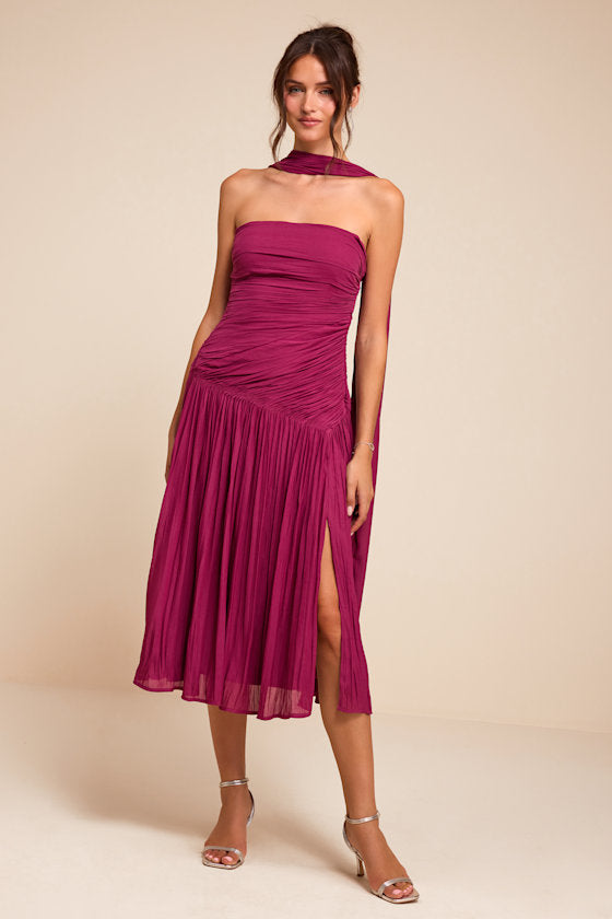 Nellie Berry Pink Pleated Midi Dress and Scarf Set