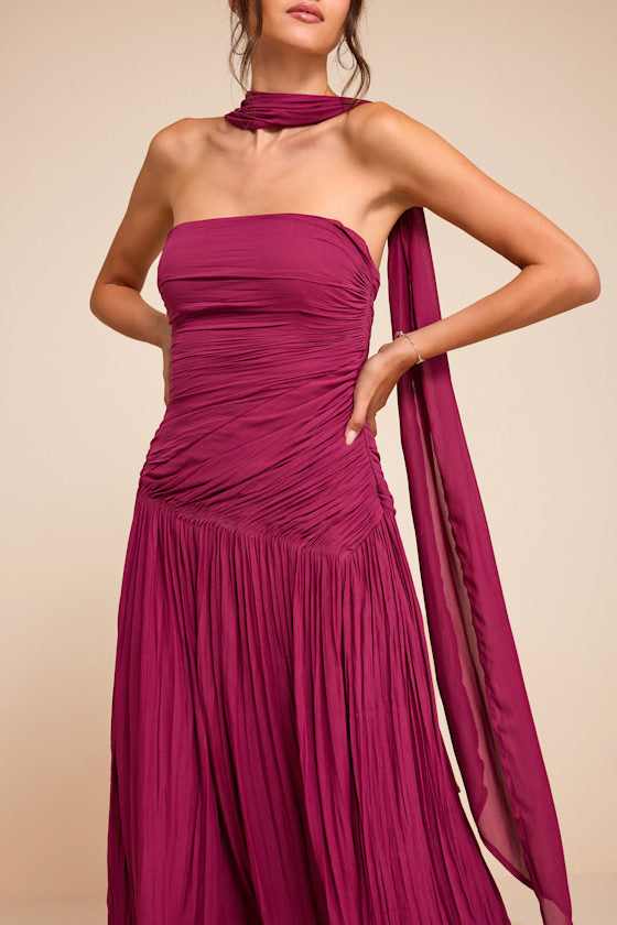 Nellie Berry Pink Pleated Midi Dress and Scarf Set