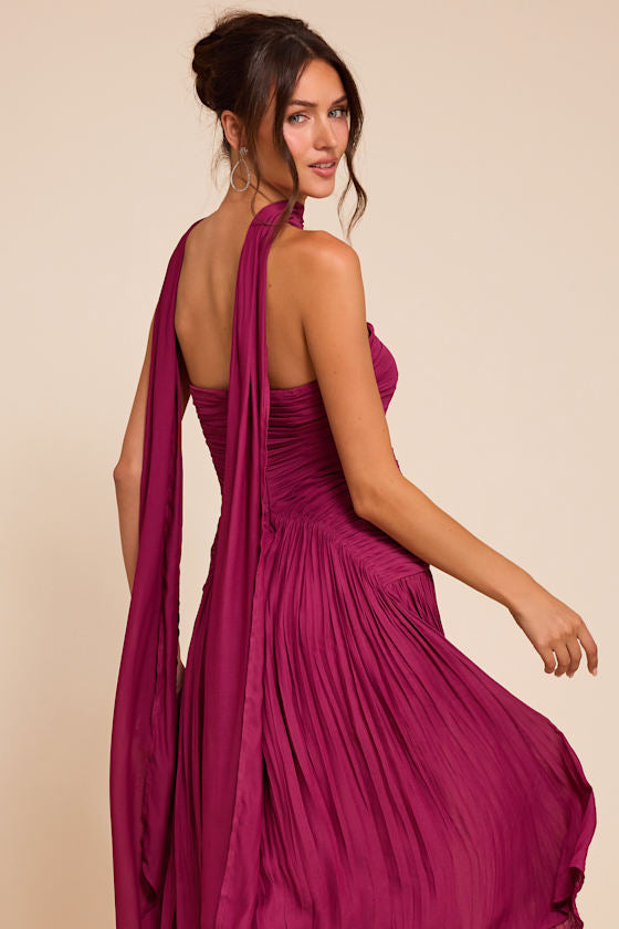 Nellie Berry Pink Pleated Midi Dress and Scarf Set