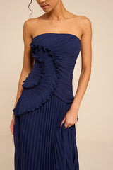 Brylee Navy Pleated Ruffled Midi Dress