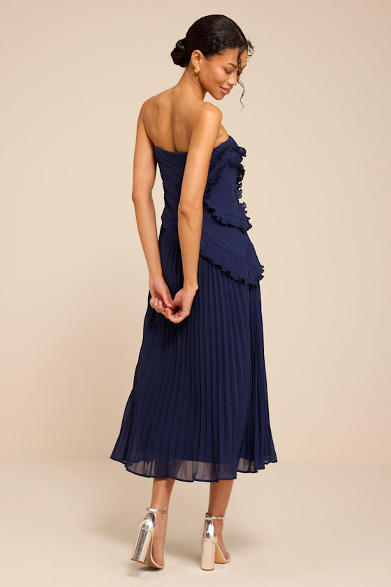 Brylee Navy Pleated Ruffled Midi Dress