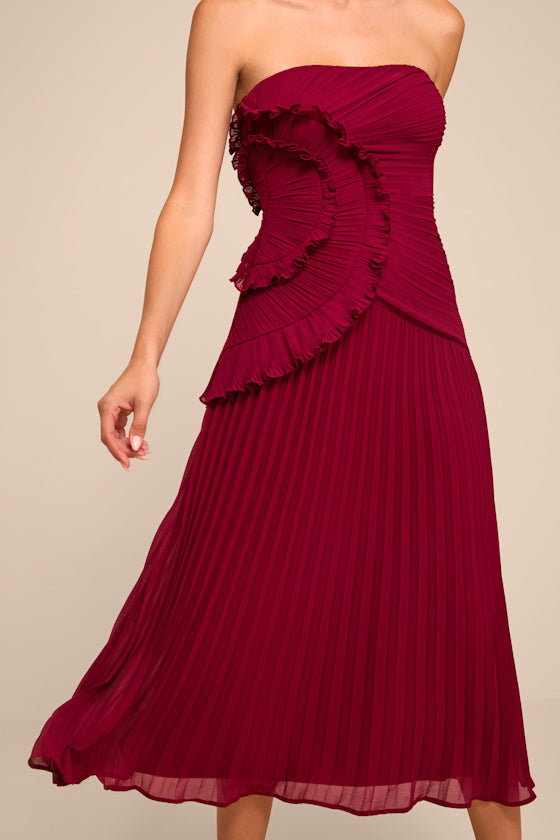 Brylee Burgundy Pleated Ruffled Midi Dress