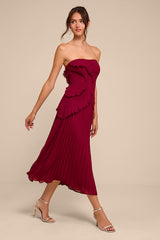 Brylee Burgundy Pleated Ruffled Midi Dress
