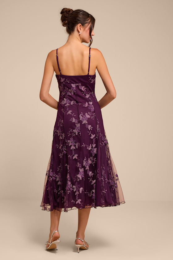 Ronette Plum Floral Embroidered Midi Dress
