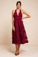 Kennia Burgundy 3D Floral Embroidered Halter Midi Dress