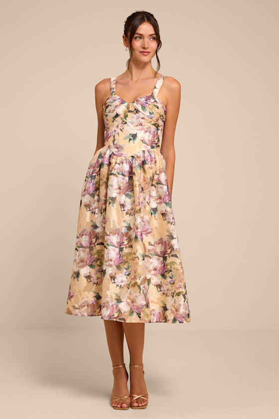 Kathani Light Yellow Floral Jacquard Bustier Midi Dress