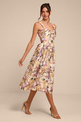 Kathani Light Yellow Floral Jacquard Bustier Midi Dress