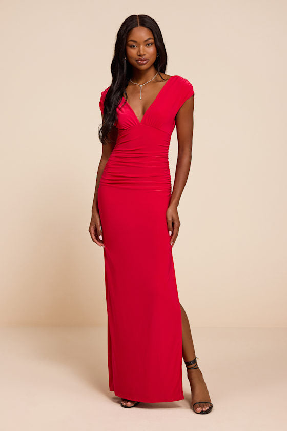 Ula Red Jersey Knit Column Maxi Dress