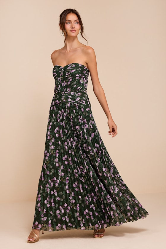 Marlene Dark Green Floral Pleated Drop Waist Maxi Dress