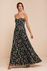 Marlene Dark Green Floral Pleated Drop Waist Maxi Dress