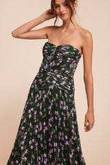 Marlene Dark Green Floral Pleated Drop Waist Maxi Dress