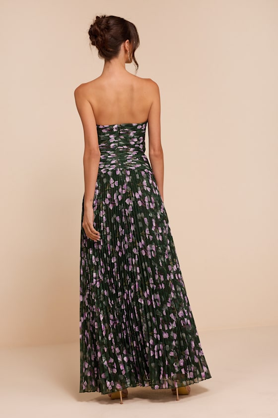 Marlene Dark Green Floral Pleated Drop Waist Maxi Dress