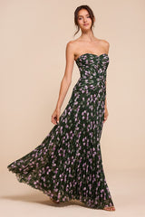 Marlene Dark Green Floral Pleated Drop Waist Maxi Dress