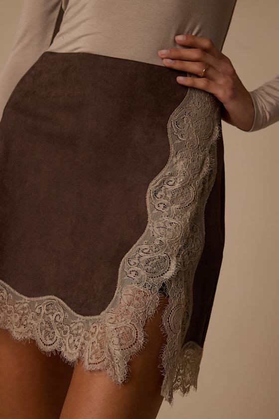 Leila Brown Suede Lace Mini Skirt