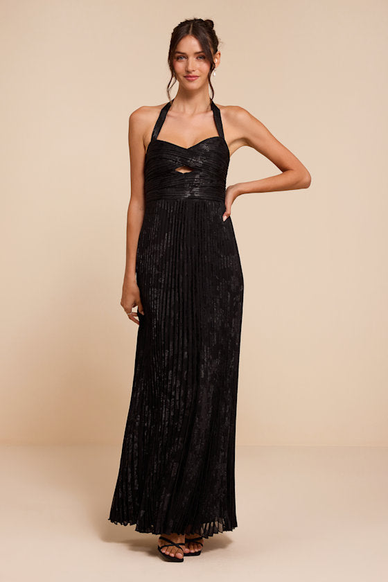 Krystal Black Floral Pleated Halter Maxi Dress