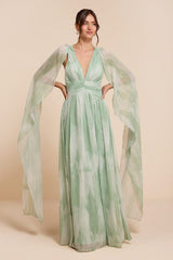 Damaria Sage Multi Abstract Cape Sleeve Maxi Dress