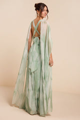 Damaria Sage Multi Abstract Cape Sleeve Maxi Dress
