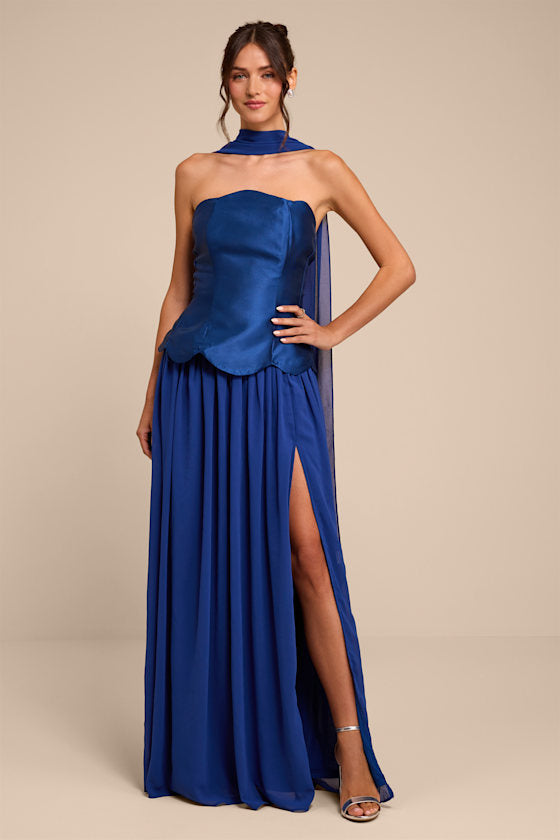 Kadence Navy Mixed Media Maxi Dress and Scarf Set