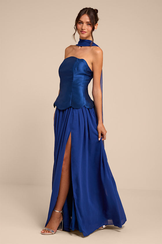 Kadence Navy Mixed Media Maxi Dress and Scarf Set