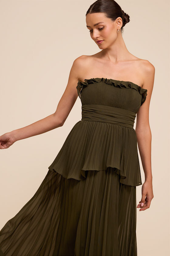 Daniela Olive Pleated Strapless Maxi Dress