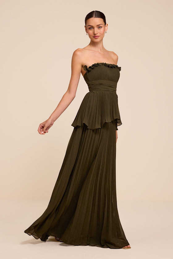 Daniela Olive Pleated Strapless Maxi Dress