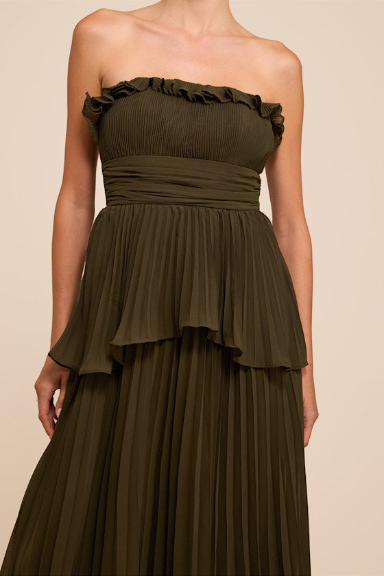 Daniela Olive Pleated Strapless Maxi Dress
