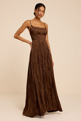 Ashyr Brown Satin Jacquard Pleated Maxi Dress