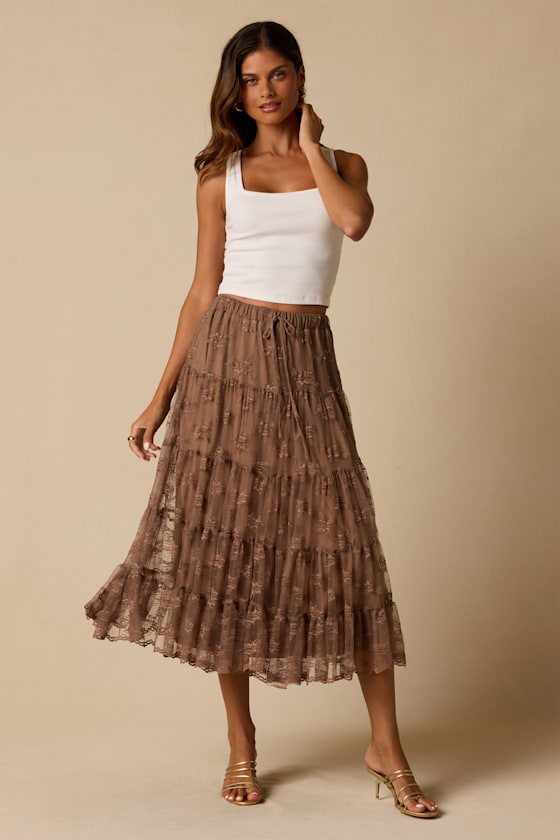Exceptionally Graceful Tan Lace High-Rise Tiered Midi Skirt