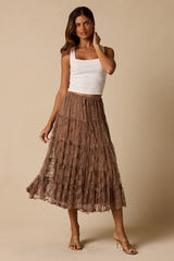Exceptionally Graceful Tan Lace High-Rise Tiered Midi Skirt