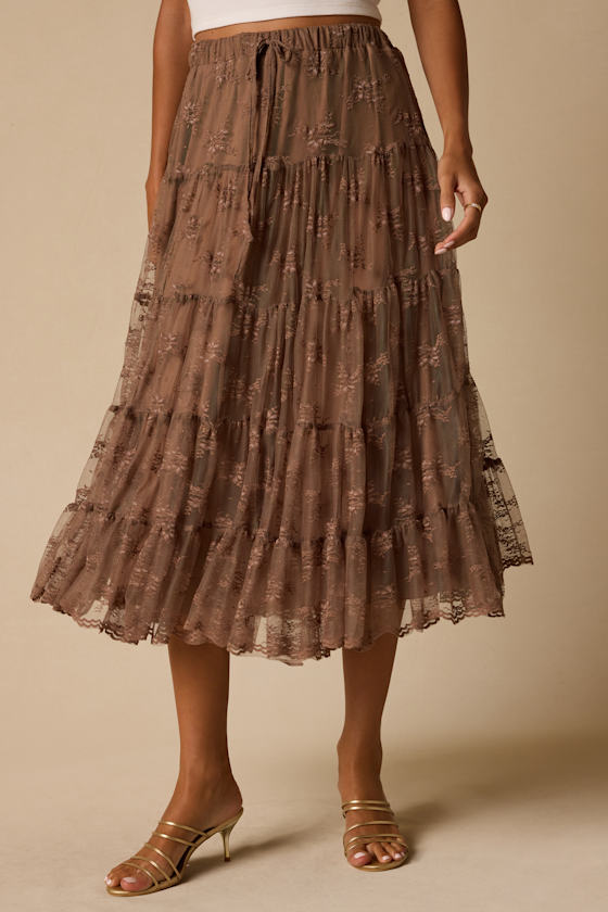 Exceptionally Graceful Tan Lace High-Rise Tiered Midi Skirt