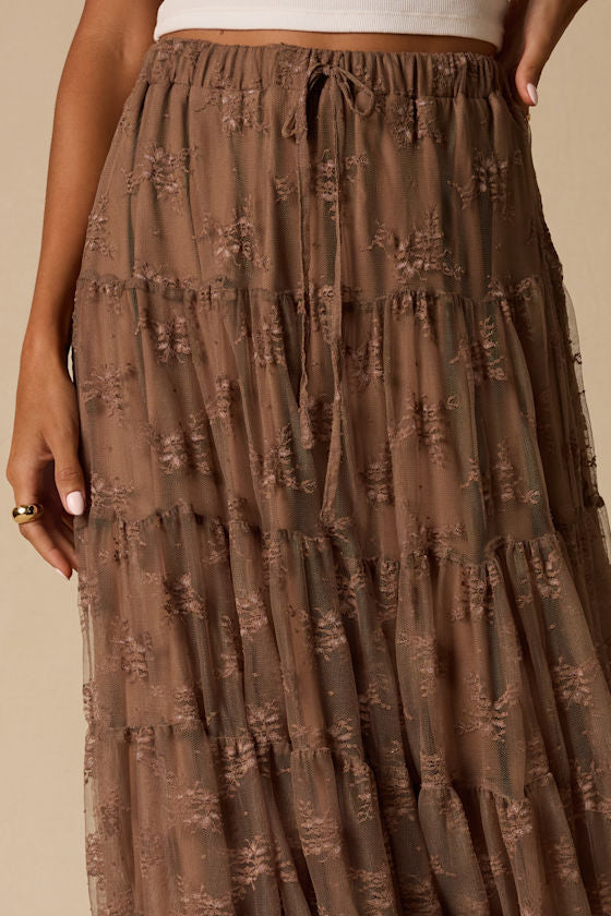 Exceptionally Graceful Tan Lace High-Rise Tiered Midi Skirt