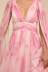 Damaria Pink Multi Abstract Cape Sleeve Maxi Dress