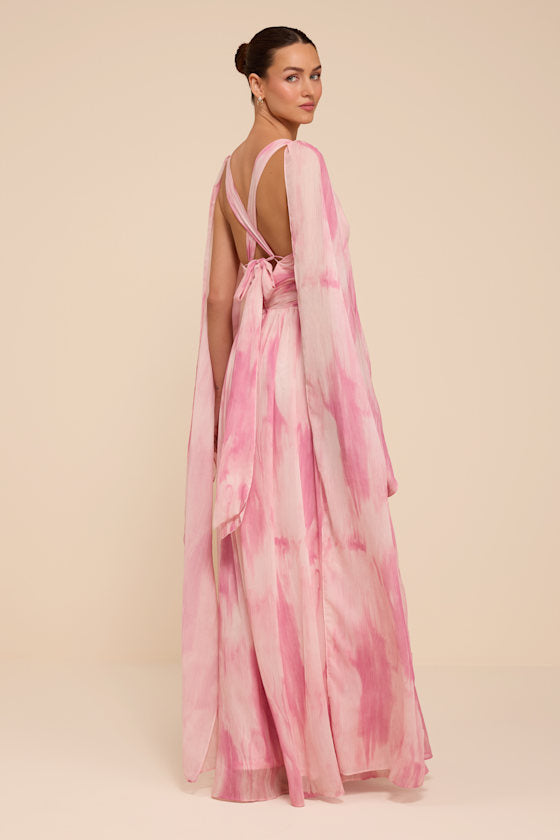 Damaria Pink Multi Abstract Cape Sleeve Maxi Dress
