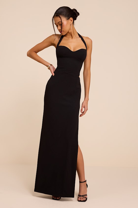 Irisa Black Crepe Knit Column Maxi Dress