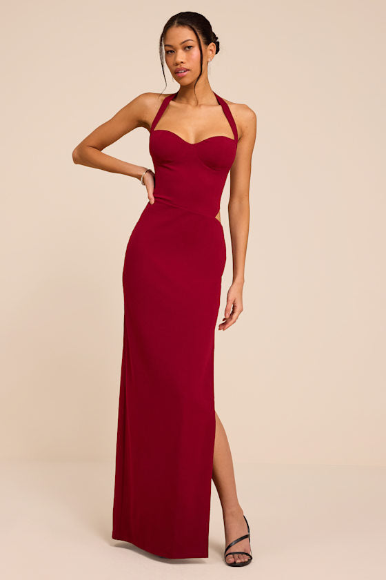 Irisa Wine Red Crepe Knit Column Maxi Dress