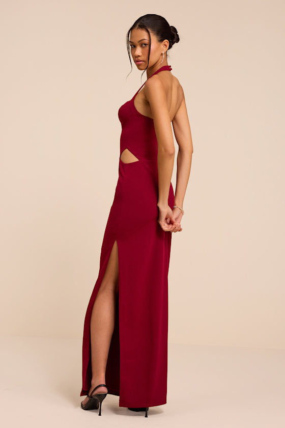Irisa Wine Red Crepe Knit Column Maxi Dress
