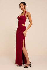 Irisa Wine Red Crepe Knit Column Maxi Dress