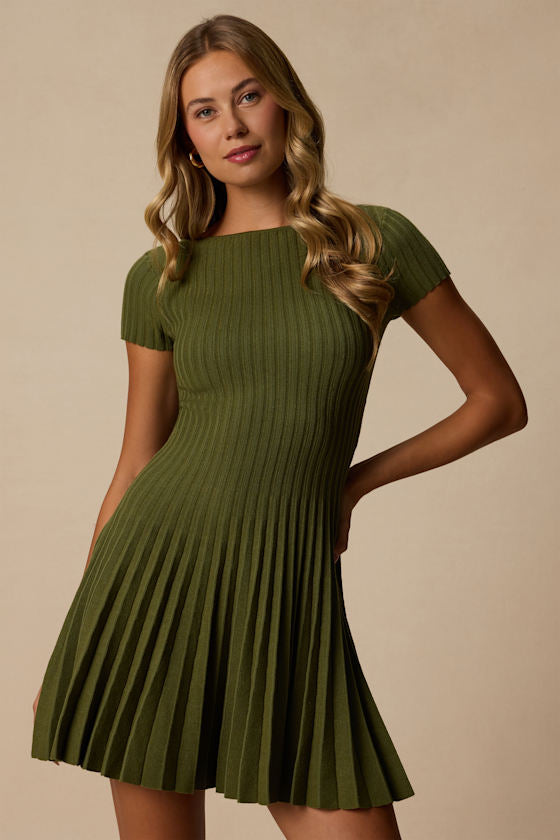 Sarielle Olive Pleated Sweater Mini Dress