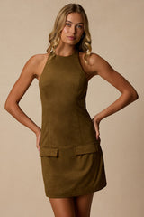 Xandra Olive Green Suede Halter Mini Dress
