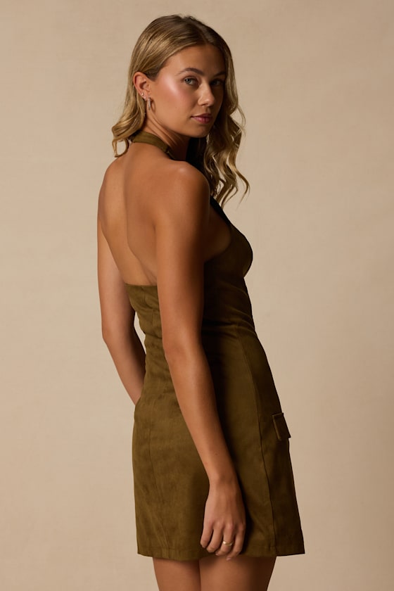 Xandra Olive Green Suede Halter Mini Dress