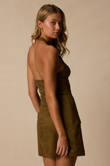 Xandra Olive Green Suede Halter Mini Dress