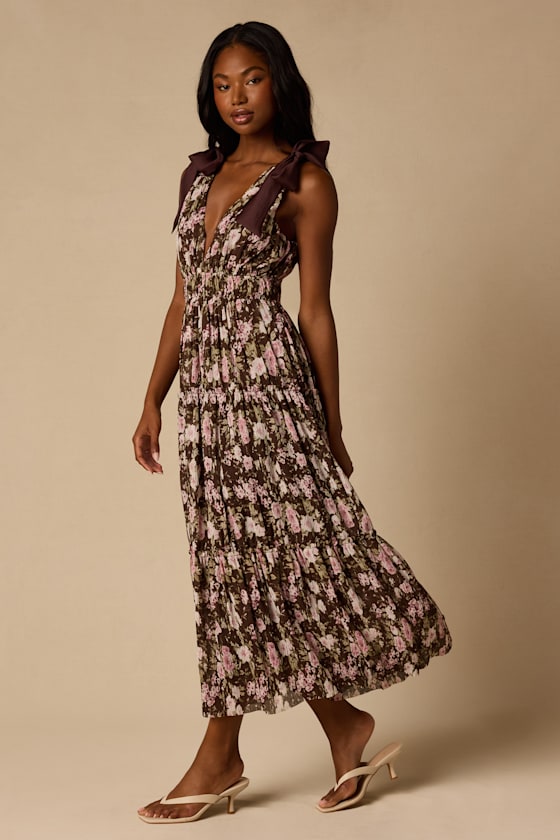 Marmara Brown Multi Floral Textured Midi Dress