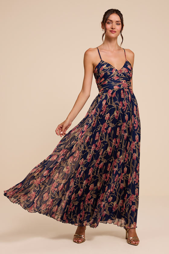 Rebena Navy Multi Floral Pleated Maxi Dress