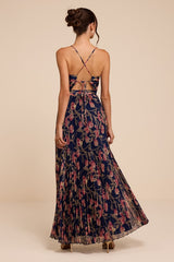 Rebena Navy Multi Floral Pleated Maxi Dress